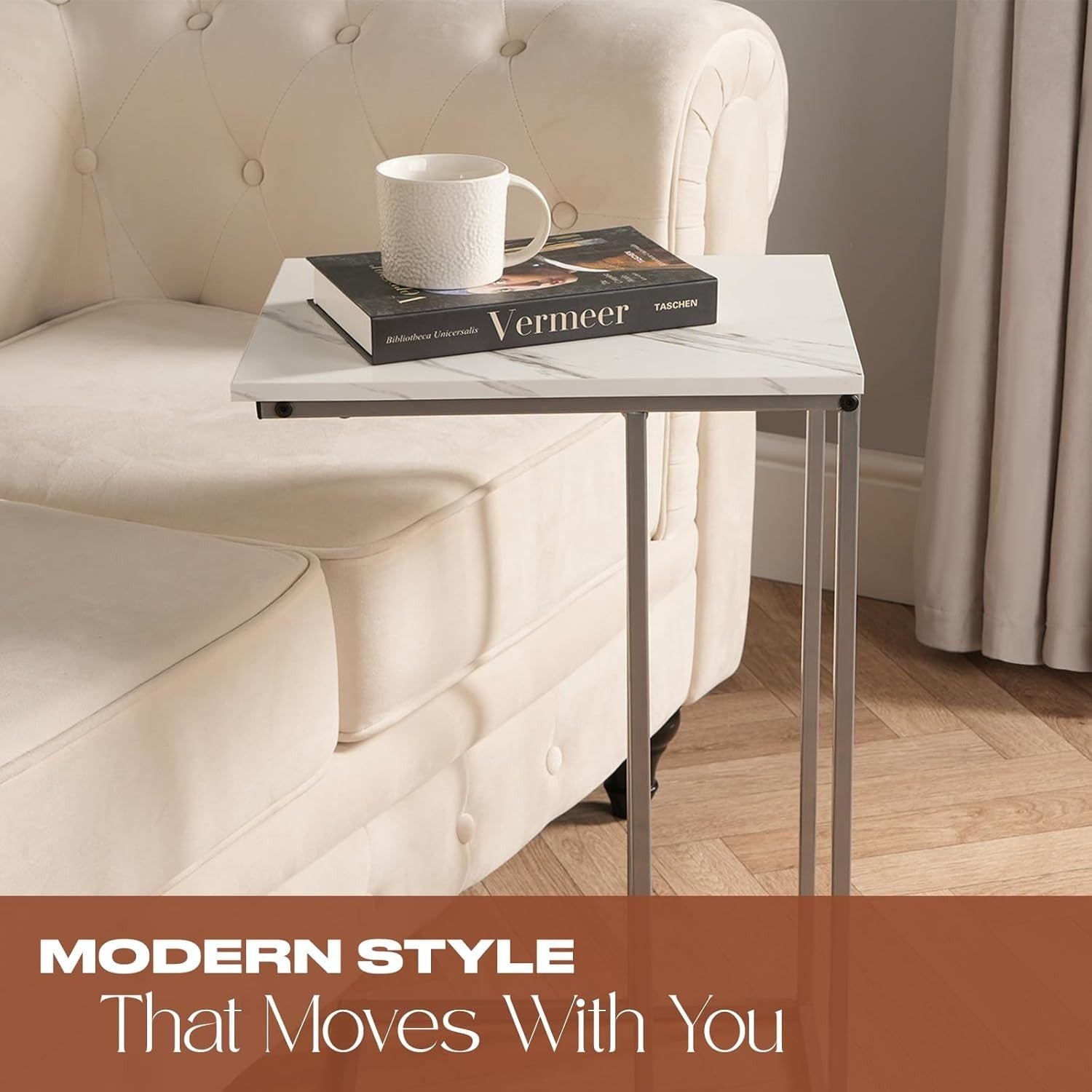 White Marble Top C-Shaped Sofa Side Table – Space-Saving Modern End Table