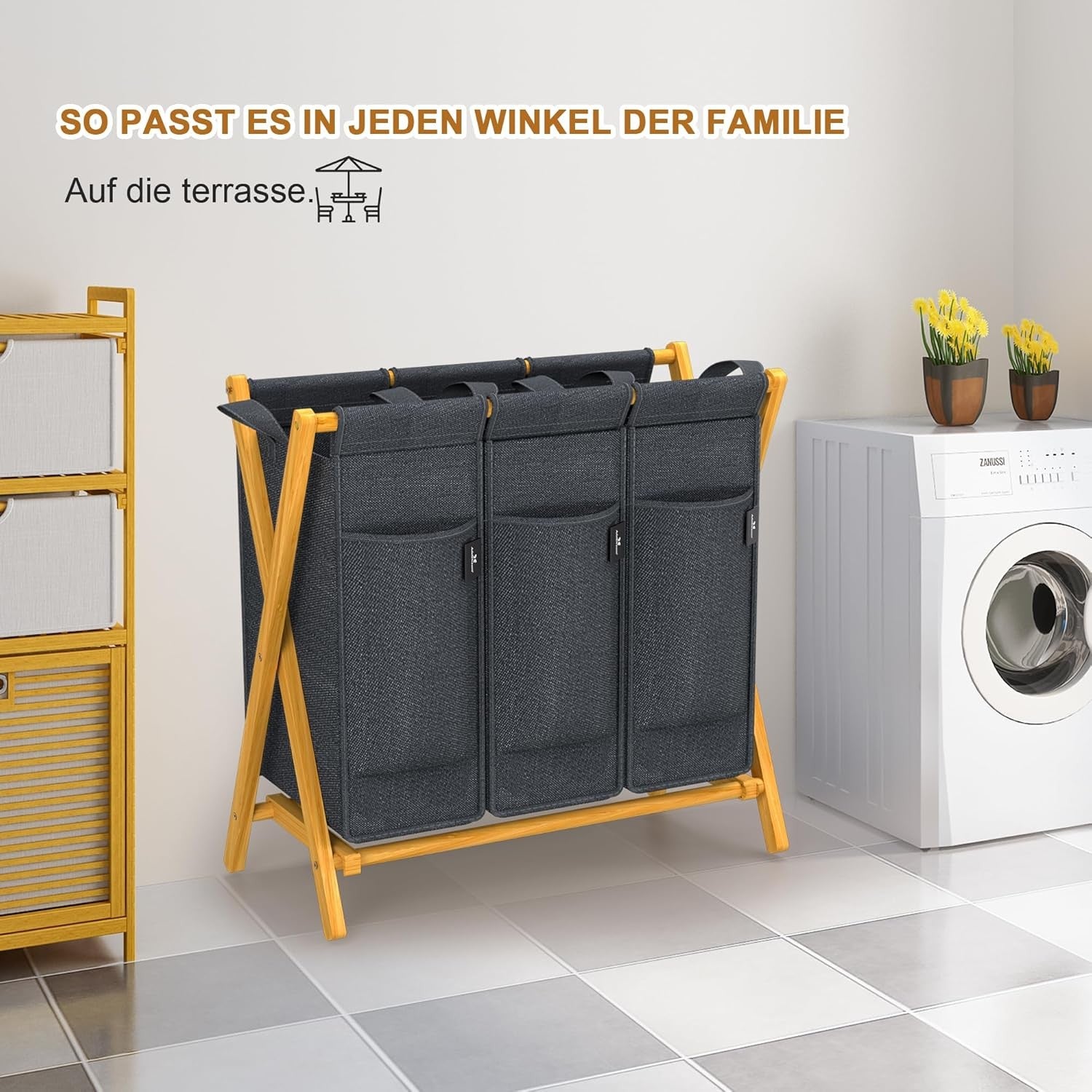 3 Compartment Bamboo Laundry Hamper 150L Foldable Sorting Basket Grey