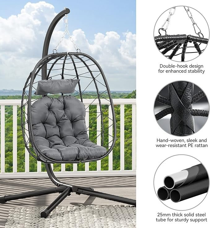 Luxury Rattan Egg Chair with Stand Outdoor Indoor Swing Seat Cushions 195cm