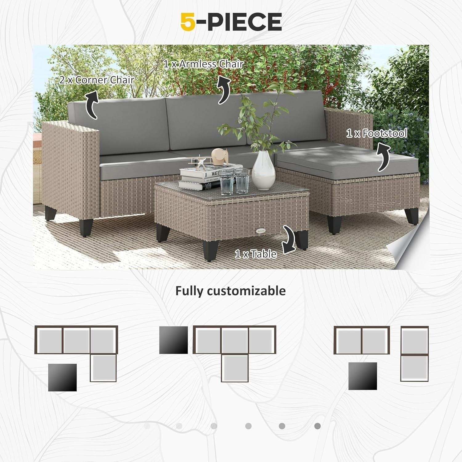 5-Piece Rattan Garden Sofa Set with Cushions & Glass Table, Seats 4 Brown