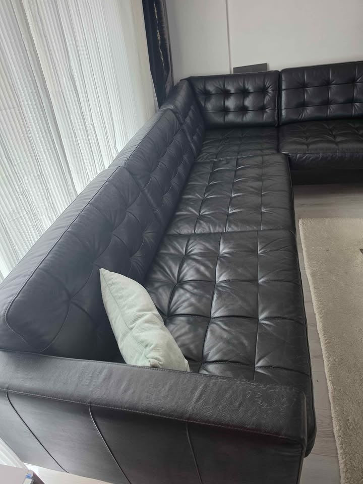 Large Black Leather Corner Sofa L-Shape Sofa (PTP)