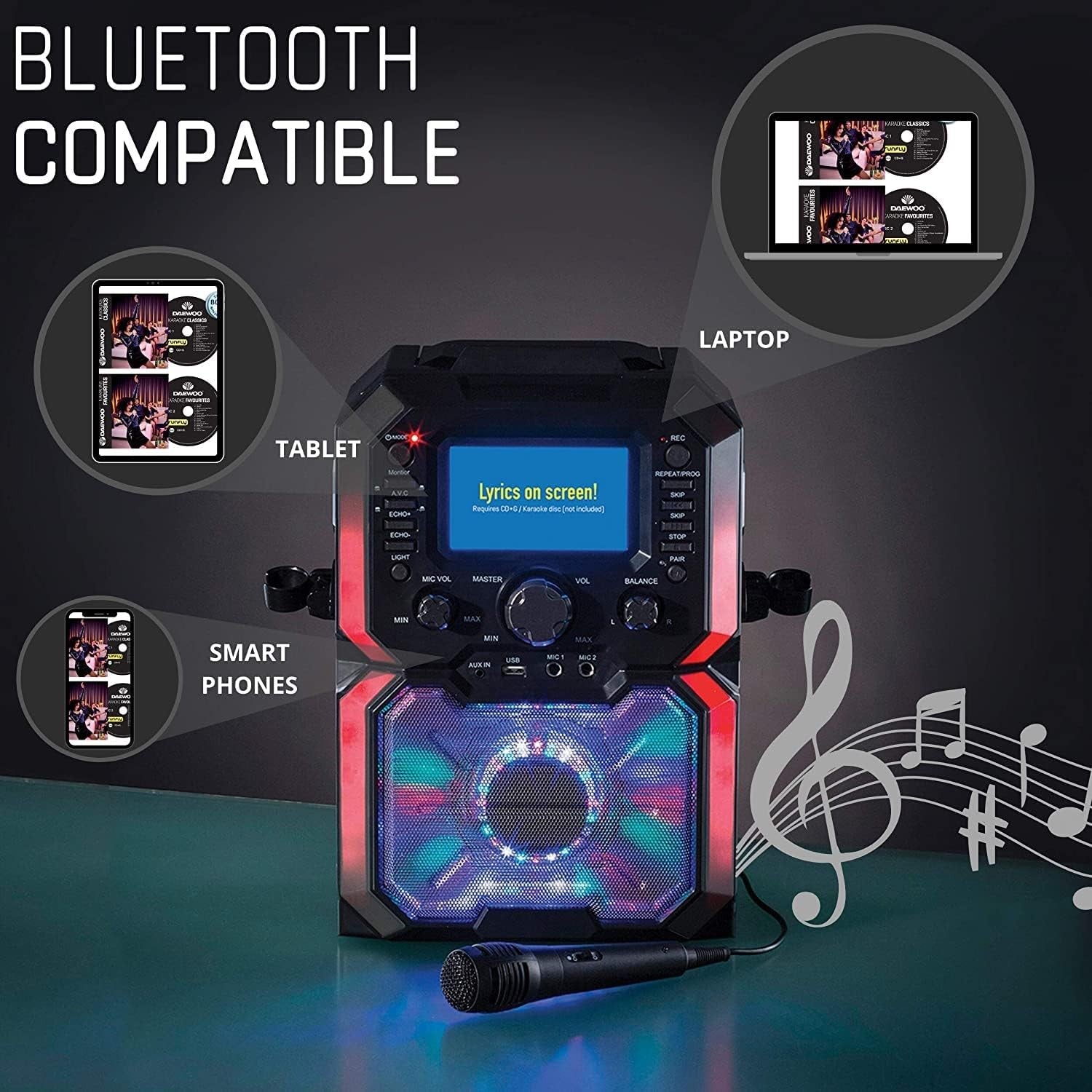 Daewoo AVS1302 Bluetooth Portable Karaoke Machine 2 Mics CD USB LED