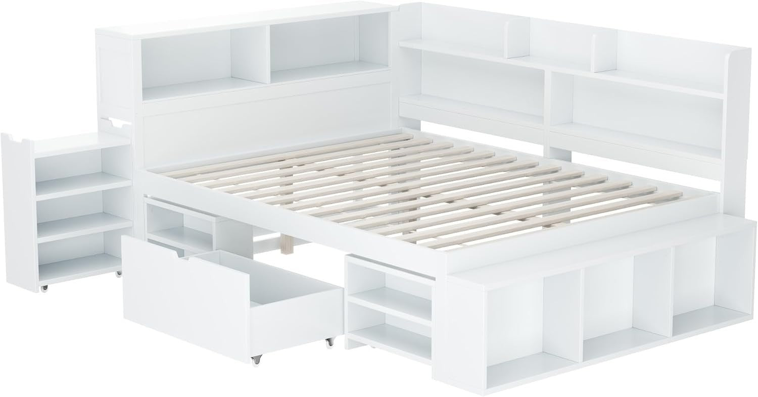Double Kids Bed with Storage Drawers, Bookshelf & Slatted Frame 135x190cm