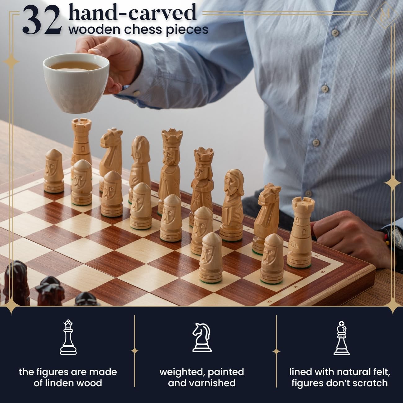 56cm Luxury Inlaid Wooden Chess Set – Handcrafted Folding Board & Tall Weighted