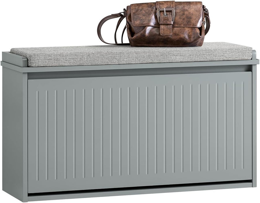Grey Shoe Storage Bench with Cushion – Flip Drawer Seat, Space Saving 80cm