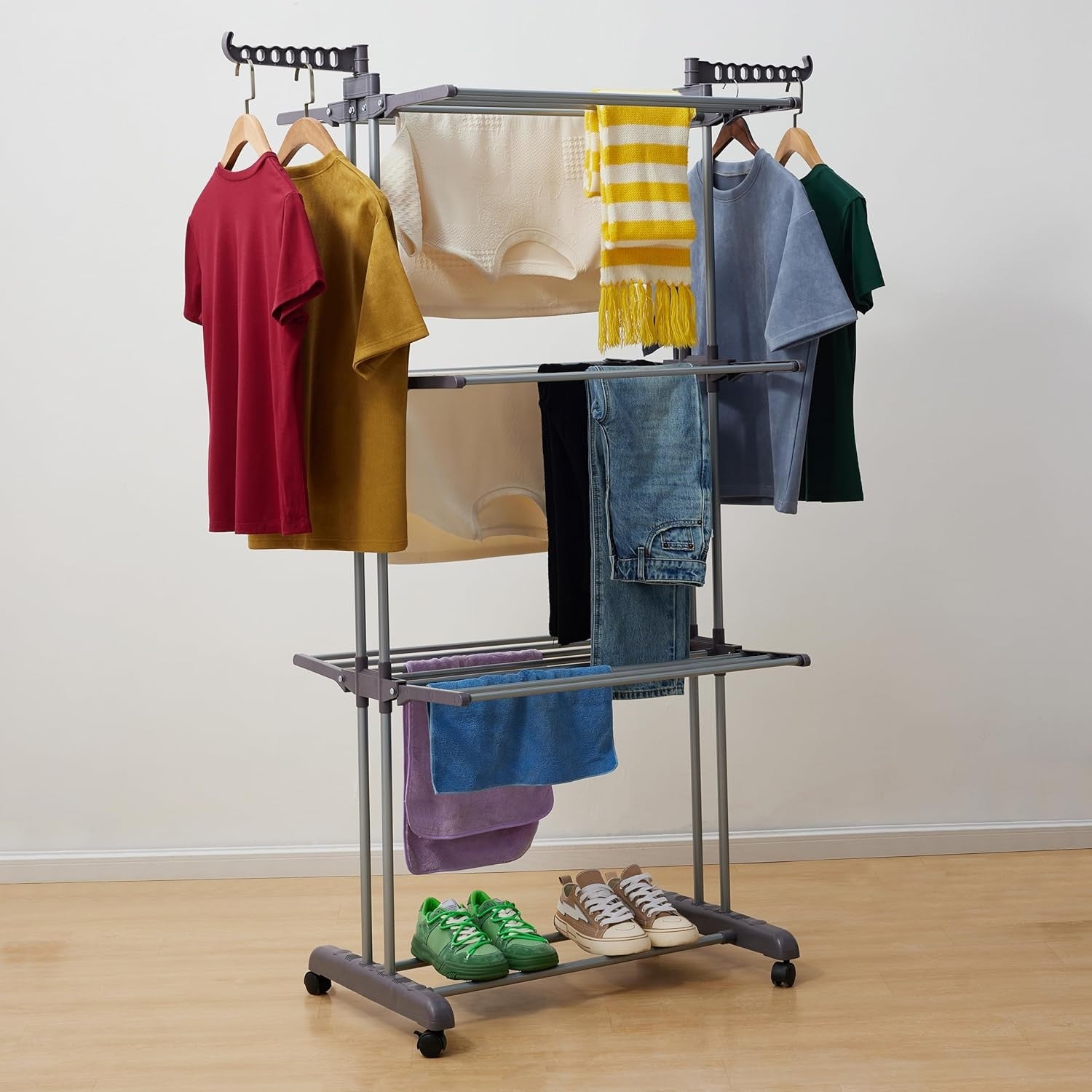 4 Tier Clothes Airer Adjustable Drying Rack Folding Wings Indoor Laundry Stand