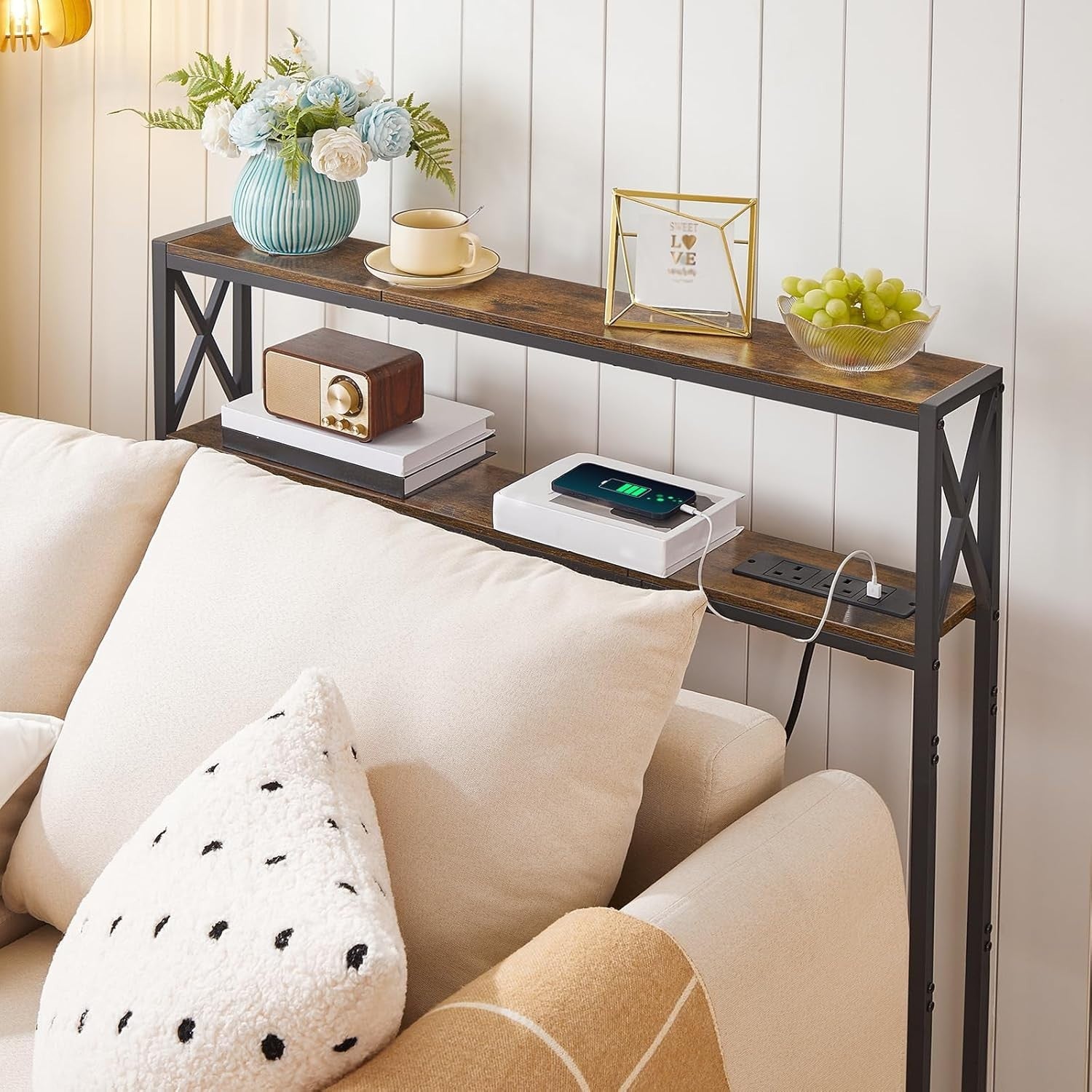 Narrow Sofa Table with Charging Station & USB Outlets, 100cm Console