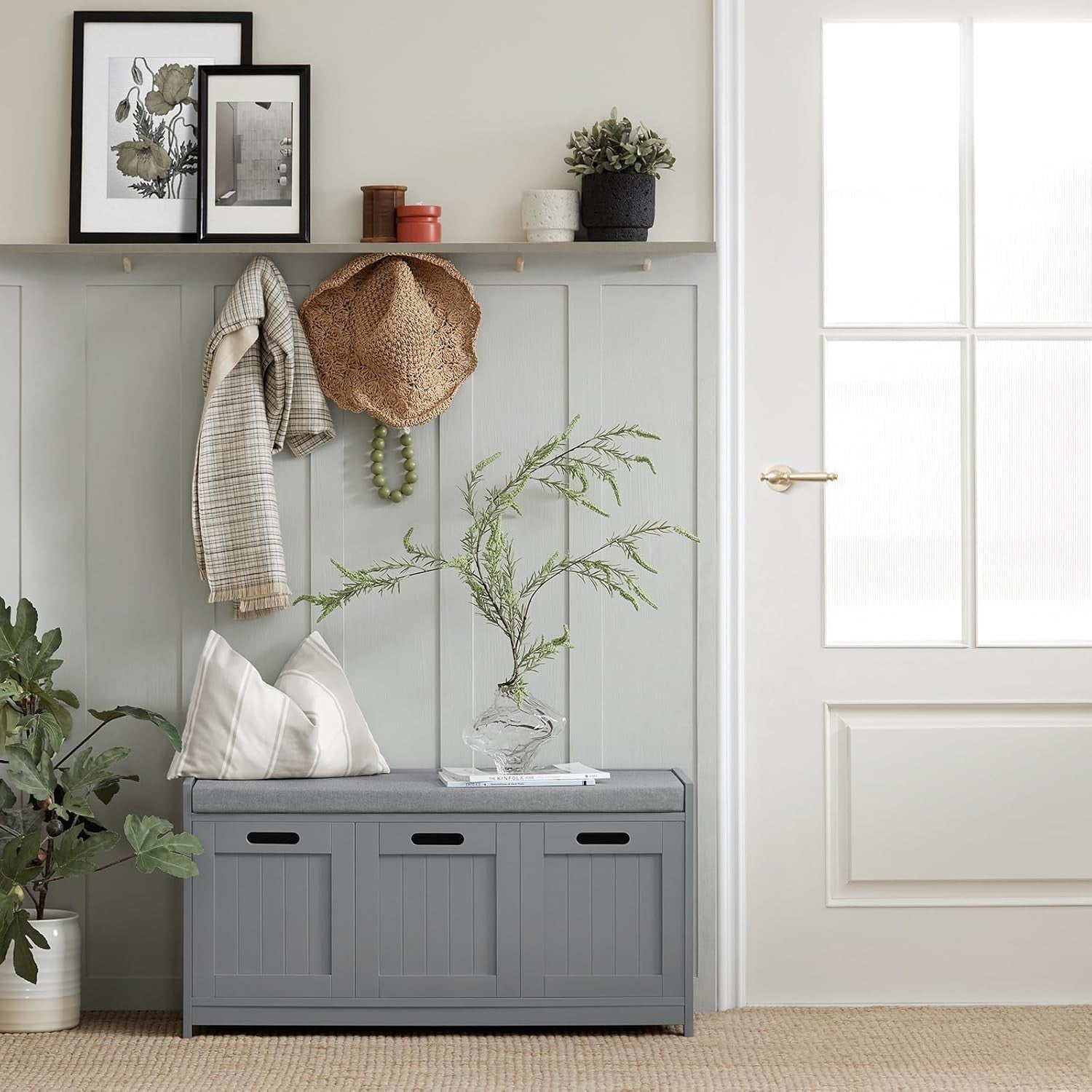 Modern Grey Hallway Shoe Storage Bench with Cushion & Drawer, 90x35x45cm