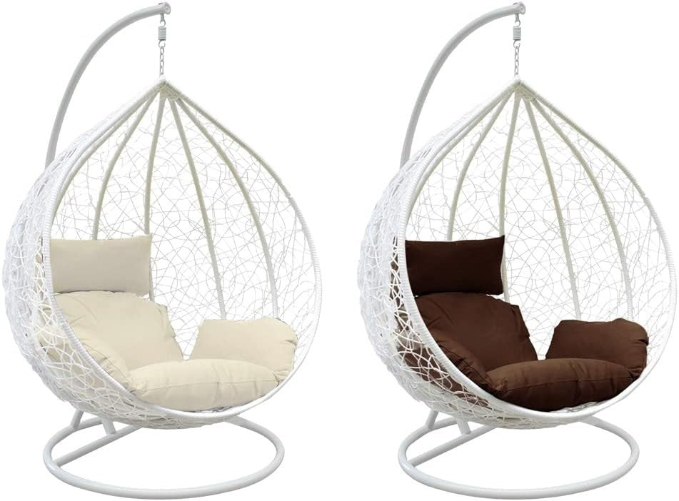 White Rattan Egg Chair Outdoor Patio Swing with Cushion & Steel Stand