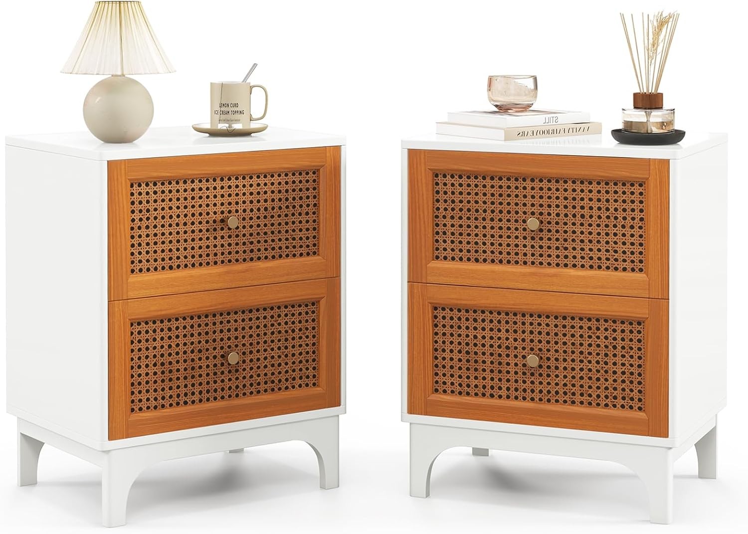 Modern Rattan Bedside Tables Set of 2 with Drawers | Wood Storage Nightstands