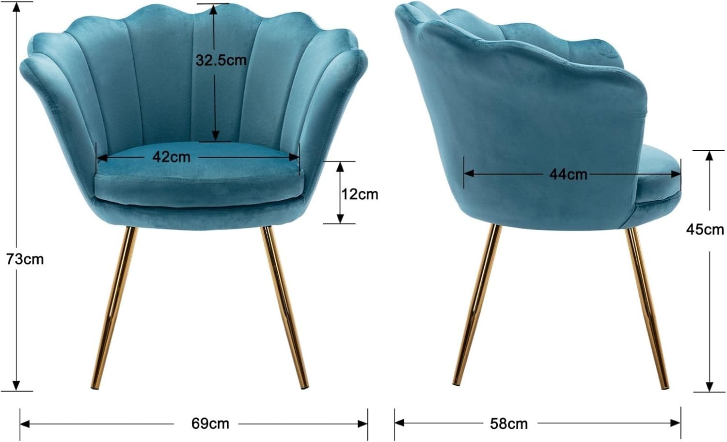 Blue Velvet Lounge Chair Gold Legs | Petal Back Armchair for Bedroom