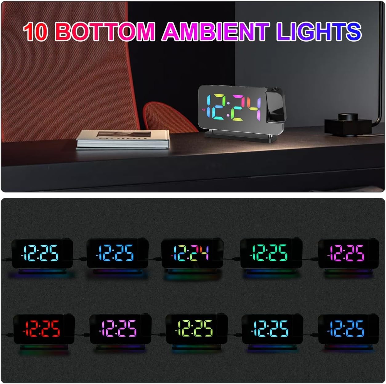 Projection Alarm Clock RGB Night Light LED Display USB Bedside Clock
