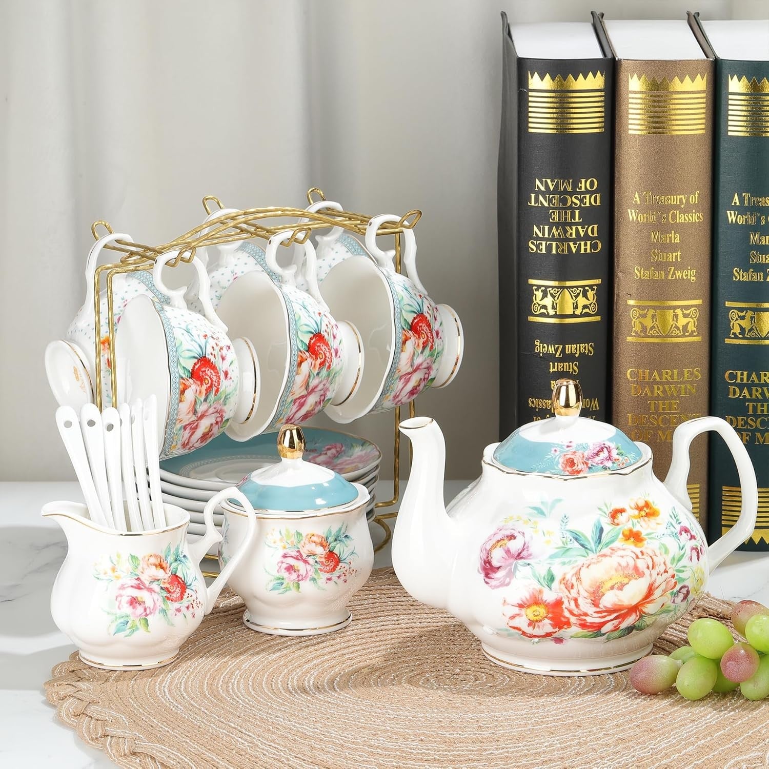 21 Piece Porcelain Tea Set Floral Teapot Cups Saucers Vintage Afternoon Tea