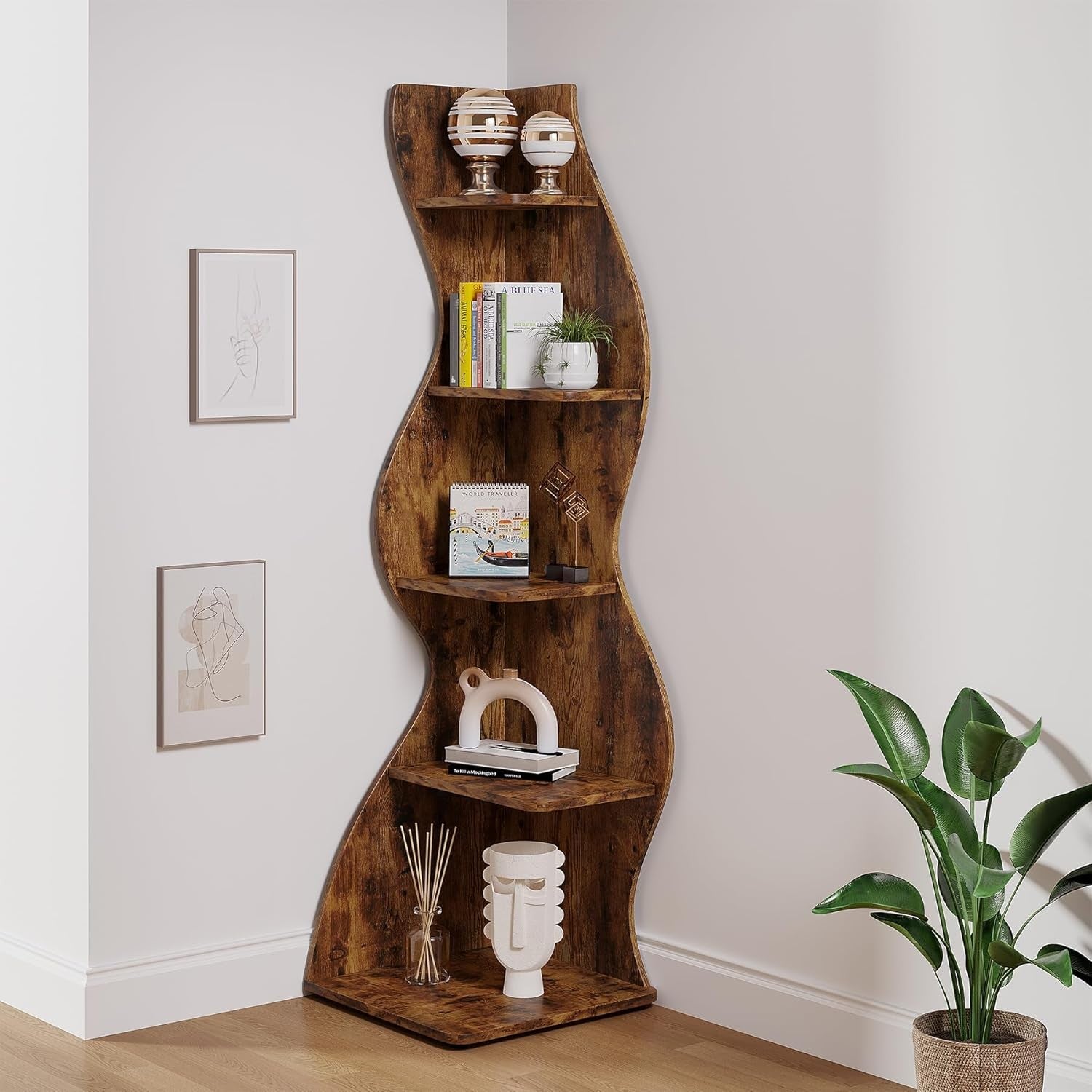 Rustic 5-Tier Wavy Corner Bookshelf | Stylish Slim Space-Saving Display Rack