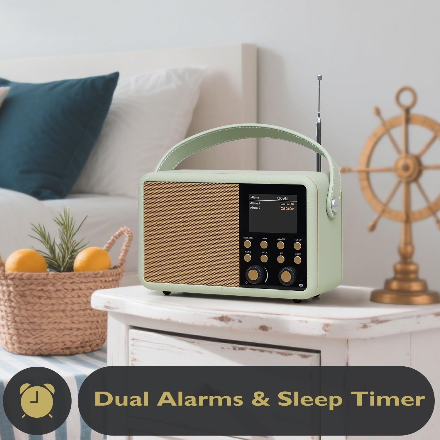 DAB+ Digital Radio Bluetooth Alarm Clock 60 Presets Green