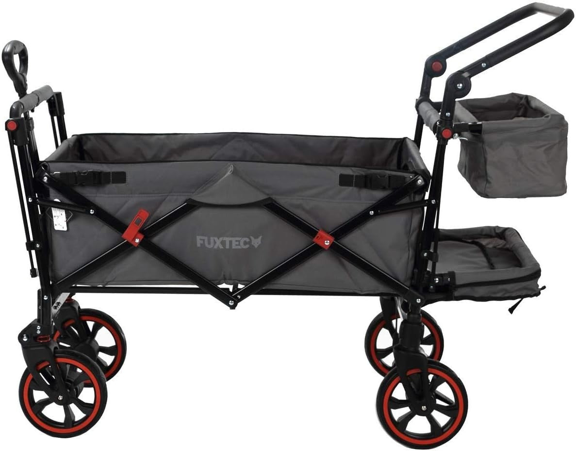Grey Folding Stroller Wagon Kids Push Pull Cart w/ Canopy & Safety Harness