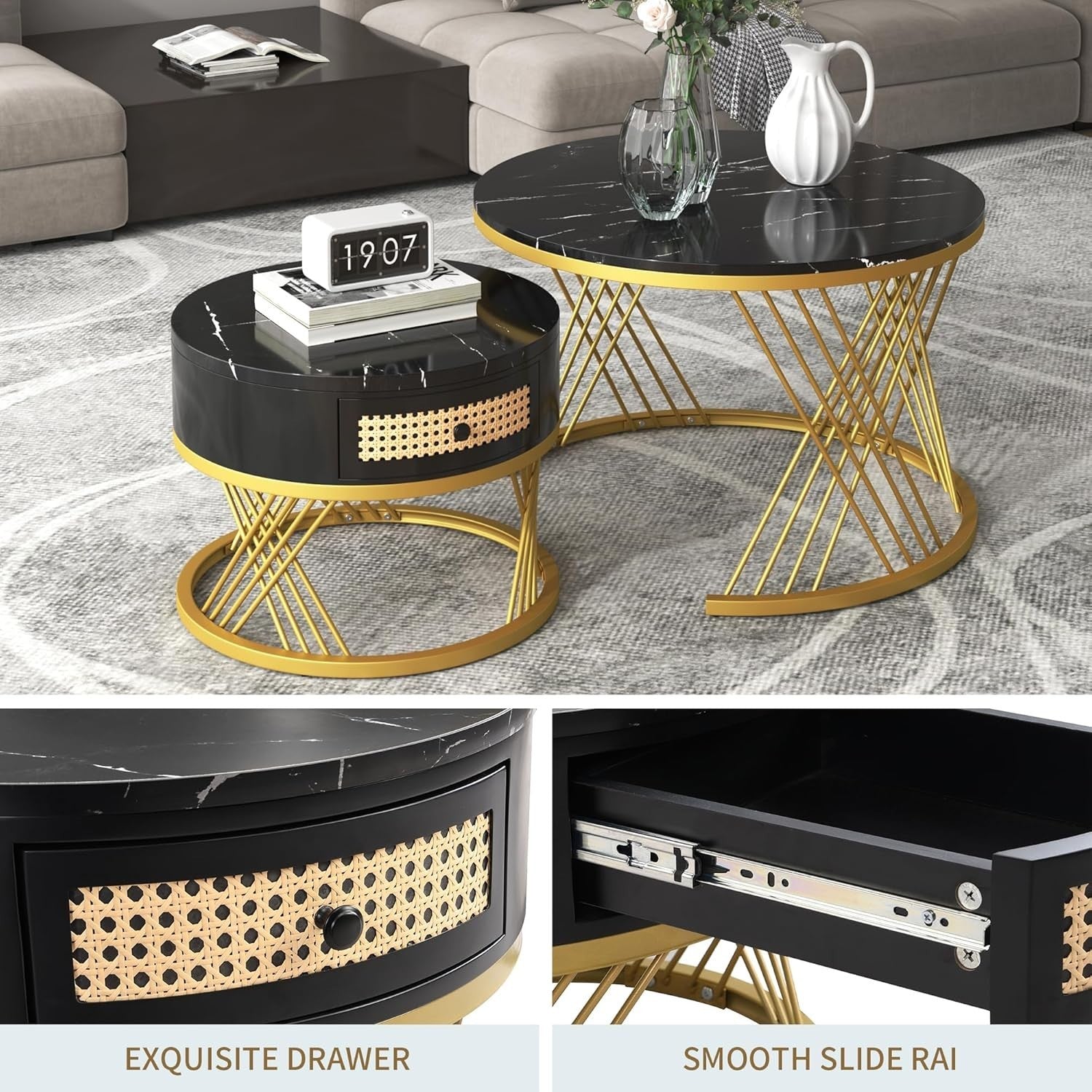 ModernLuxe 2-in-1 Round Coffee Table Set with Marble Top, Rattan Drawer