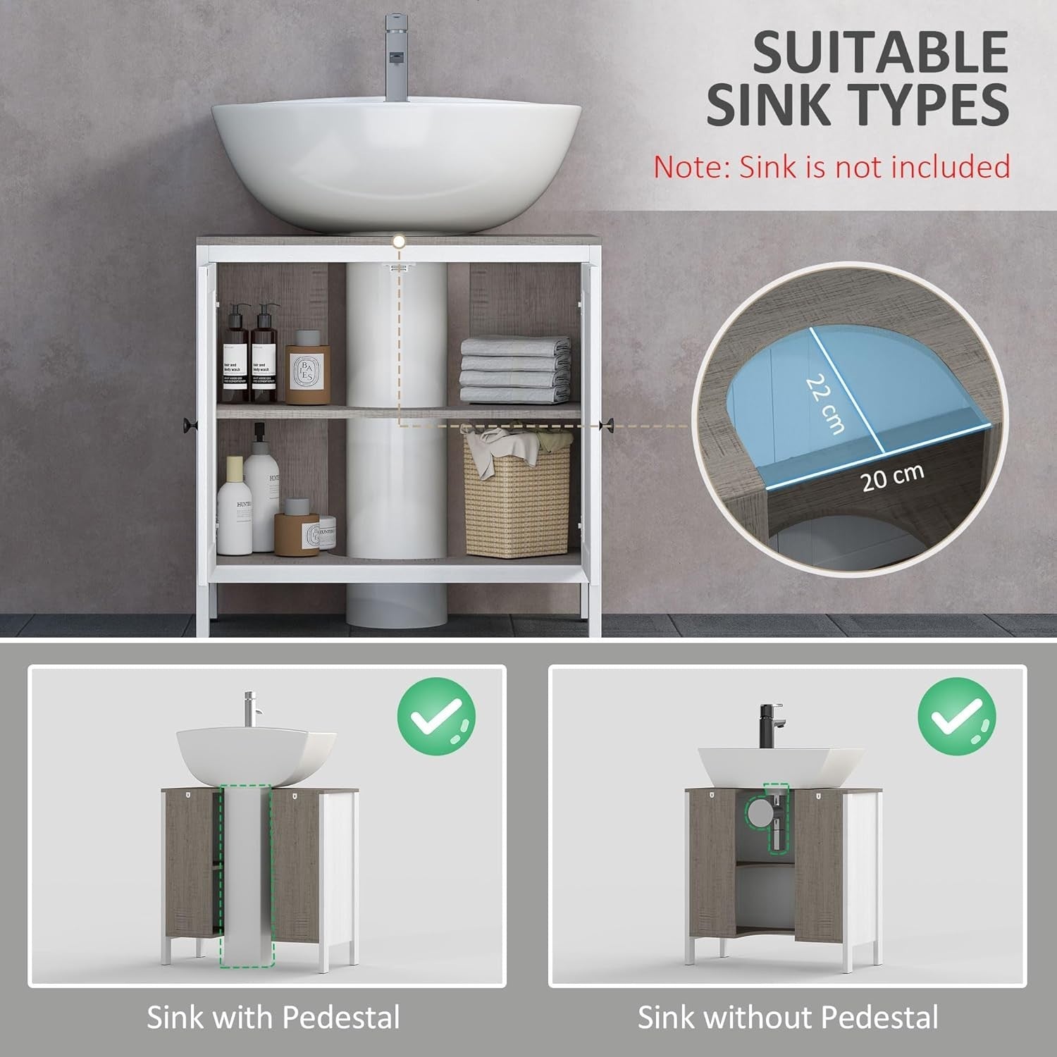 Under Sink Bathroom Cabinet Grey 60cm, Double Doors, Freestanding Storage Unit
