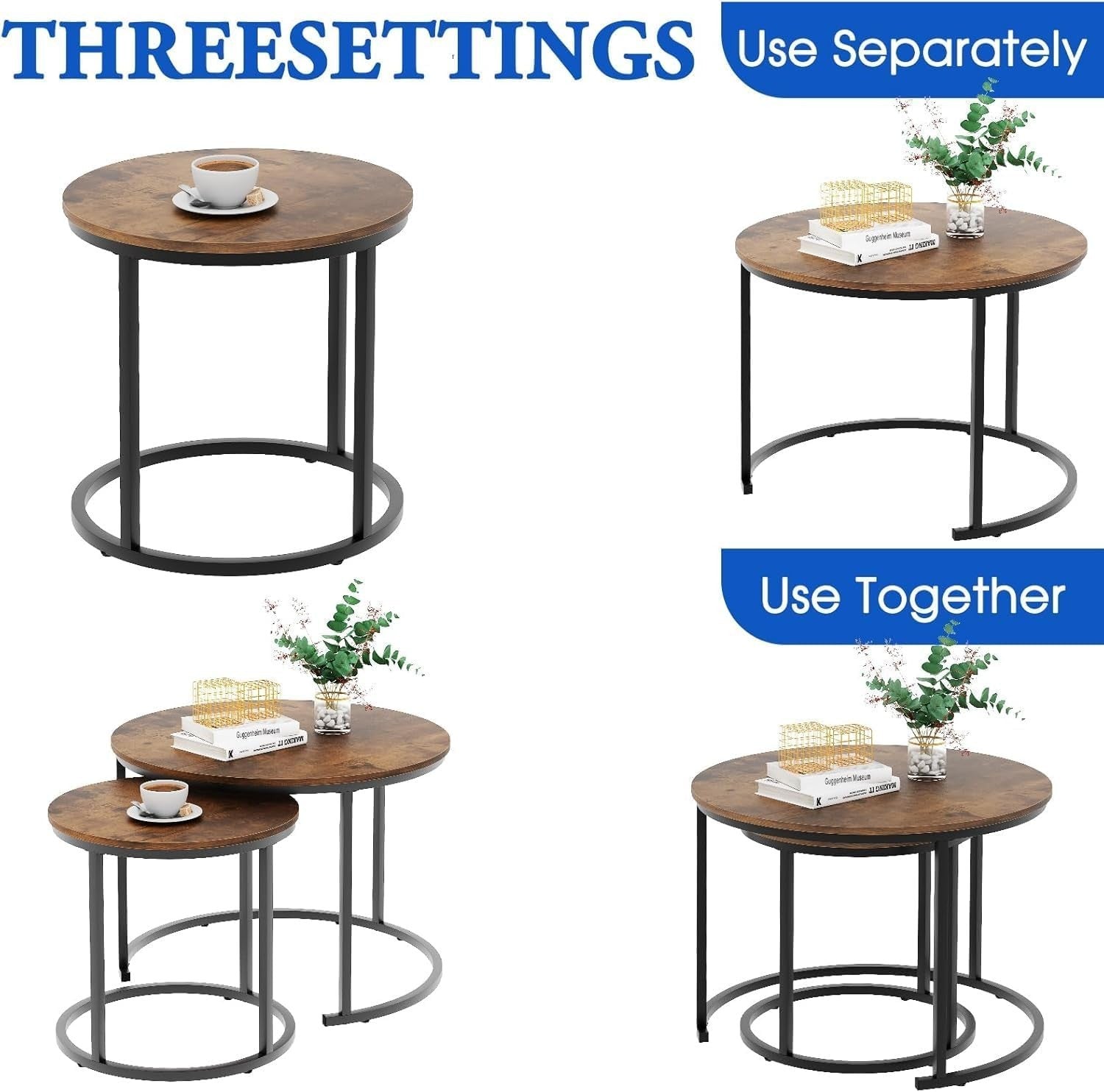 2-Piece Nesting Round Coffee Table Set with Brown Wood Top & Black Metal Frame