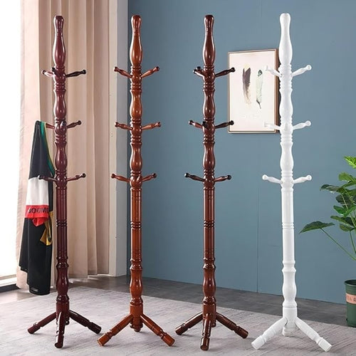 Warm Walnut Solid Wood Coat Rack with 9 Hooks | Vintage Freestanding Hall Tree