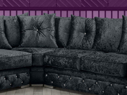 Luxury Black Crushed Velvet L-Shape Corner Sofa 5 Seater Memory Foam Cushions