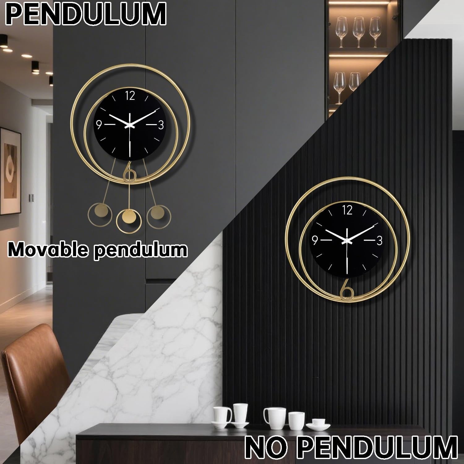 Black Modern Wall Clock 33x43cm Silent Quartz Pendulum Stylish Home Decor
