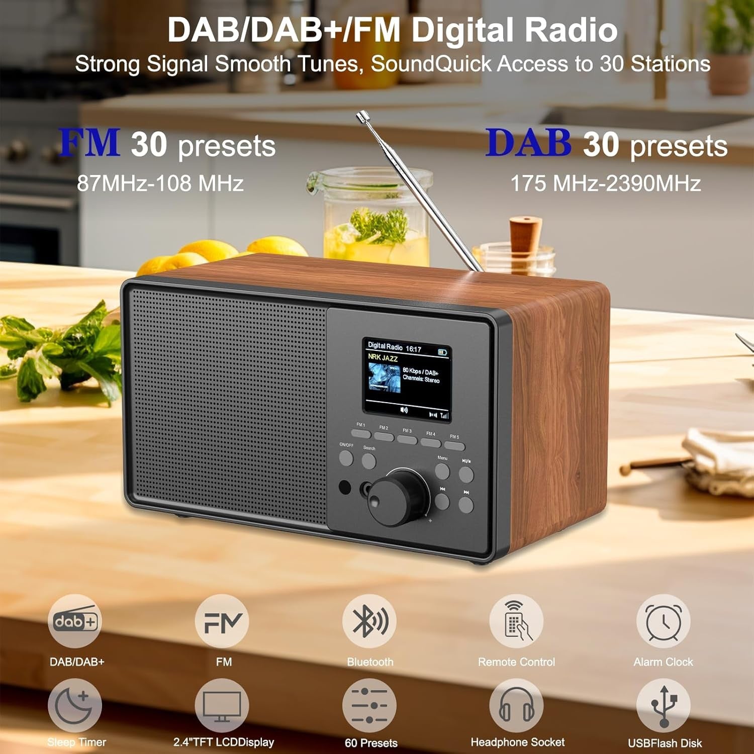 DAB DAB+ FM Digital Radio Bluetooth Alarm Remote 2.4” Display Wood