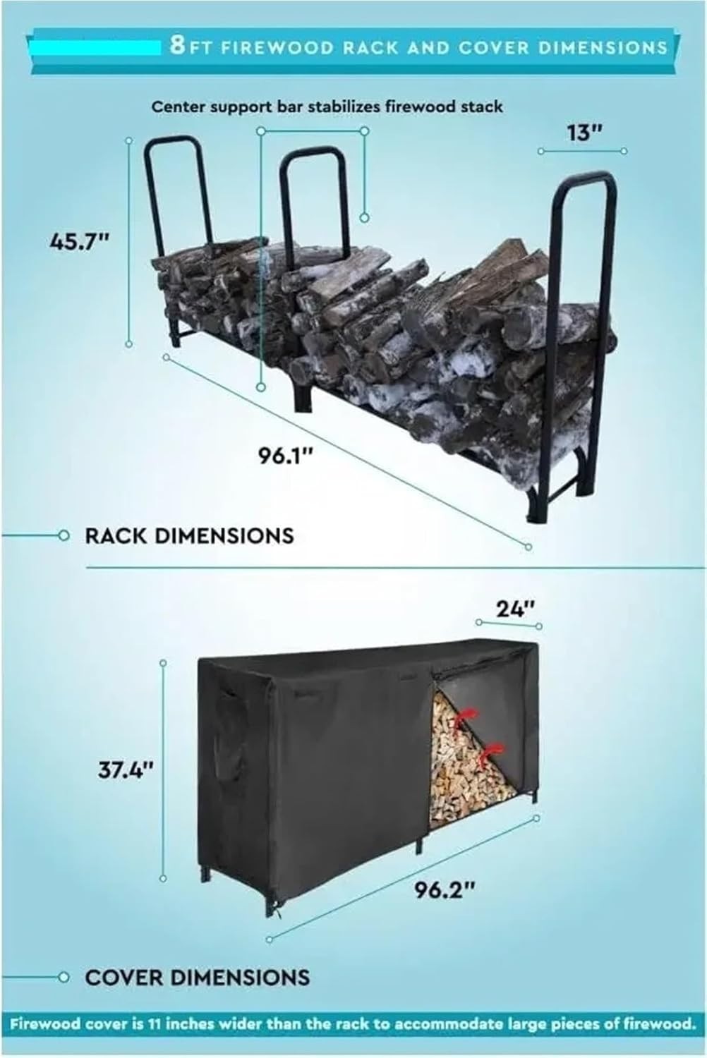 8ft Heavy Duty Log Rack & Cover Set – Waterproof Firewood Holder Outdoor