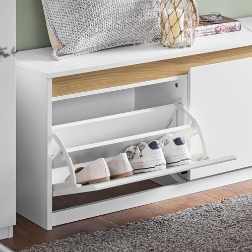 White Shoe Storage Bench with Padded Seat & 2 Flip Drawers – Hallway