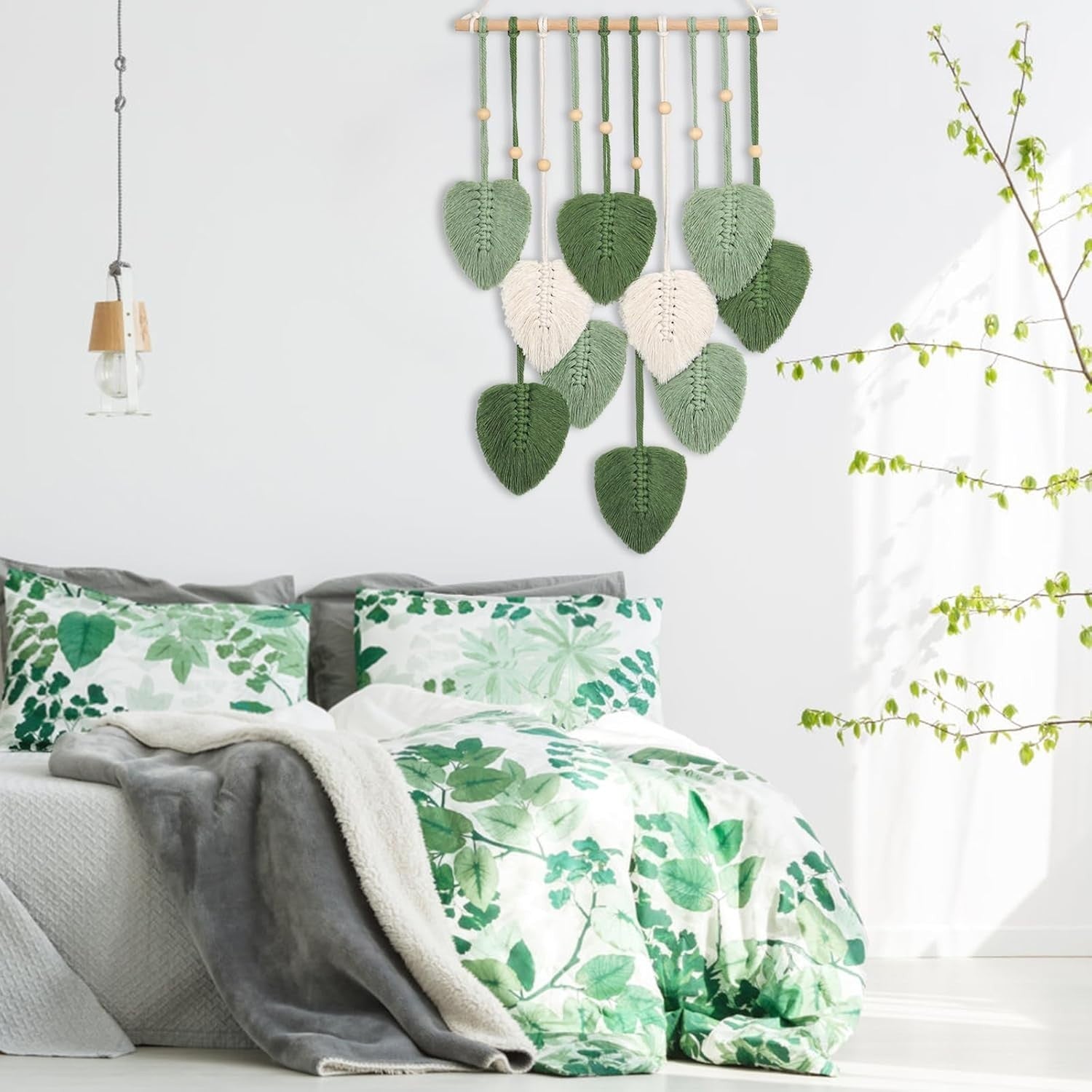 Macrame Wall Hanging Green Leaf Boho Tassel Wall Decor Handmade