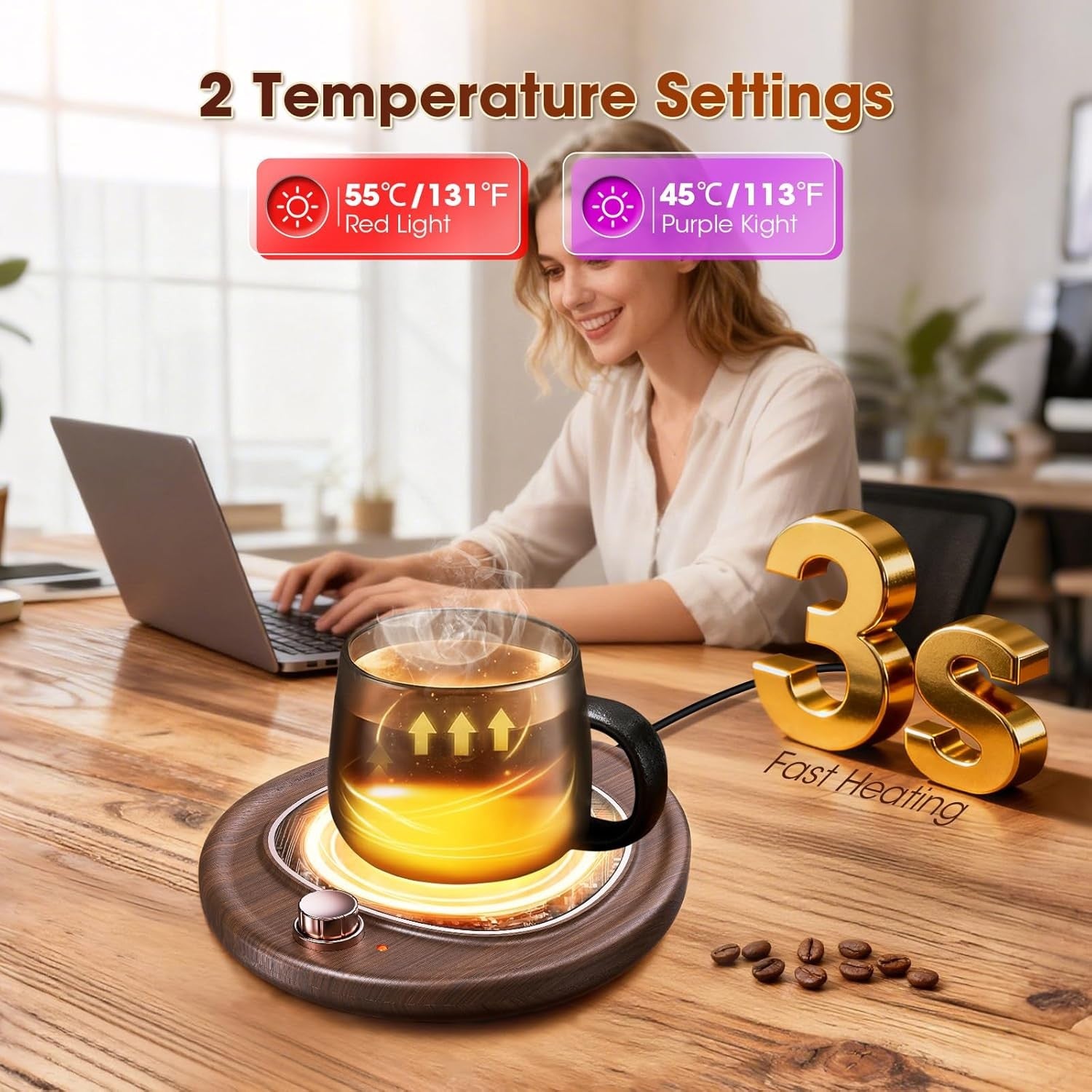Coffee Mug Warmer 2 Temp Desk Cup Heater Plate Wood Grain