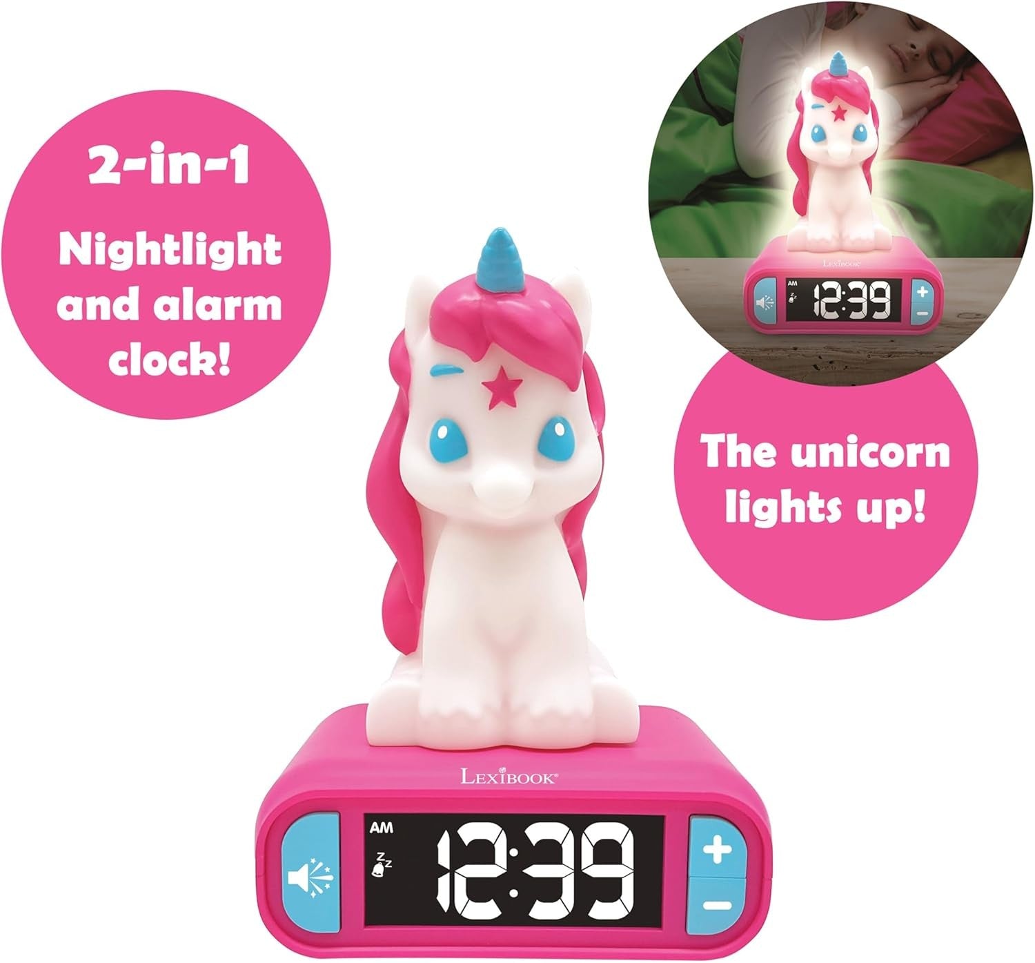 Pink Unicorn Night Light Alarm Clock LCD Snooze Kids Bedroom Bedside