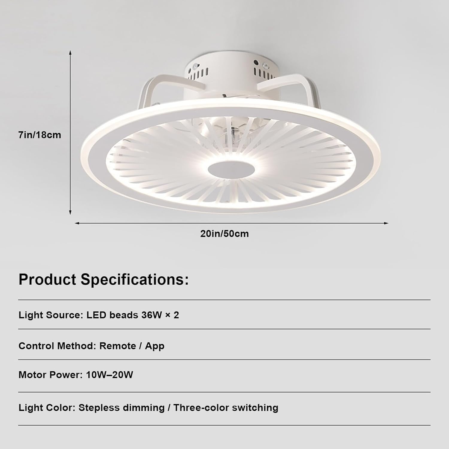 20" Ceiling Fan with Light, App & Remote Control, Dimmable, Reversible