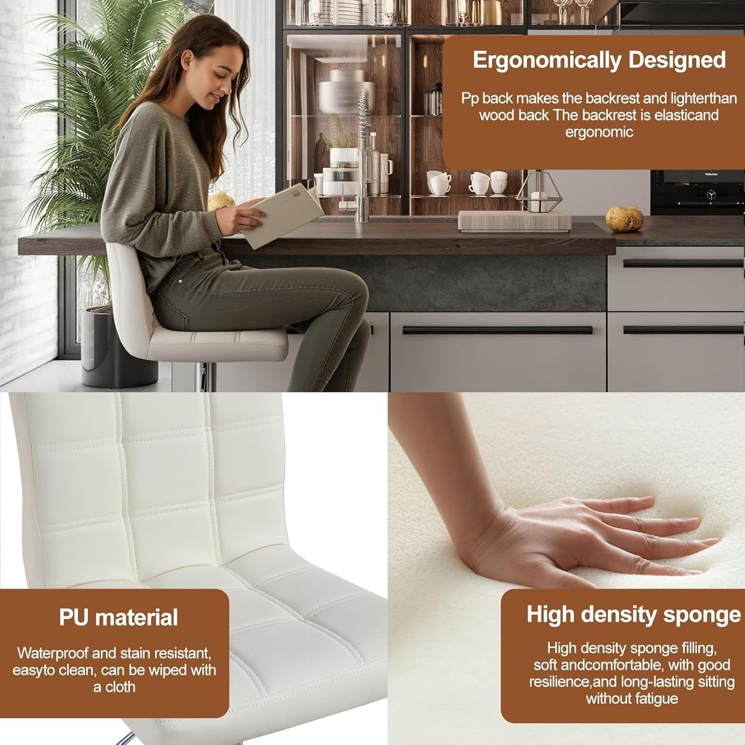 Beige Swivel Bar Stool Adjustable Height Gas Lift Modern Armrest Design