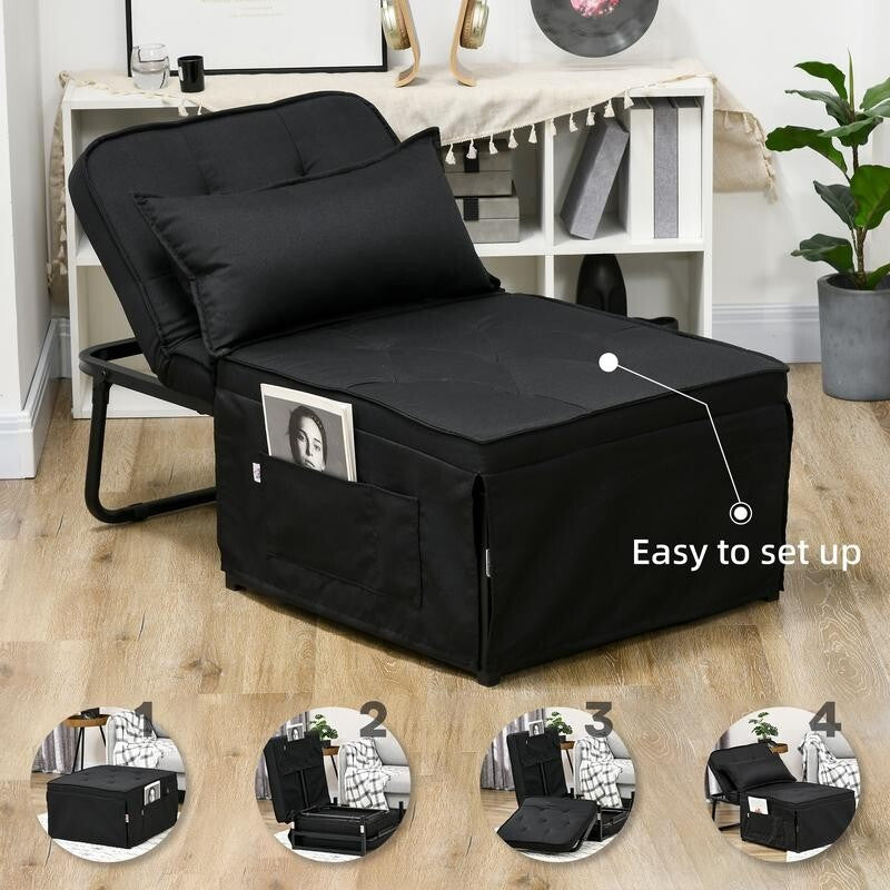 4-in-1 Folding Chair Bed w/ Pillow & Pockets – Recliner, Ottoman, Sleeper