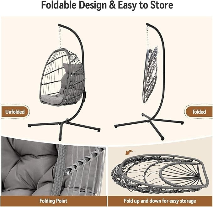 Hanging Egg Chair with Stand Rattan Swing Seat Cushion Indoor Outdoor Garden