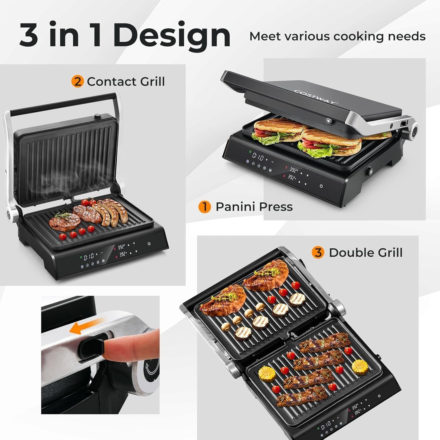3-in-1 Panini Press Grill 1200W Non-Stick Plates 31x35x15cm