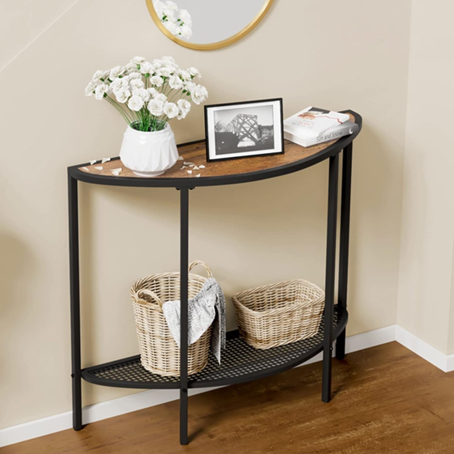 Narrow Half Moon Console Table Walnut Black, Slim 2-Tier Entryway Shelf