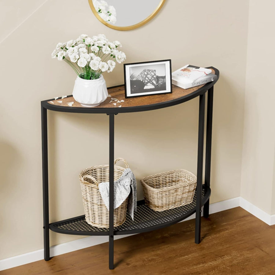 Narrow Half Moon Console Table Walnut Black, Slim 2-Tier Entryway Shelf