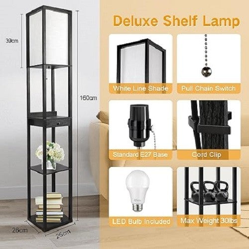 Shelf Floor Lamp with Drawer USB C LED Dimmable Wooden Storage Light