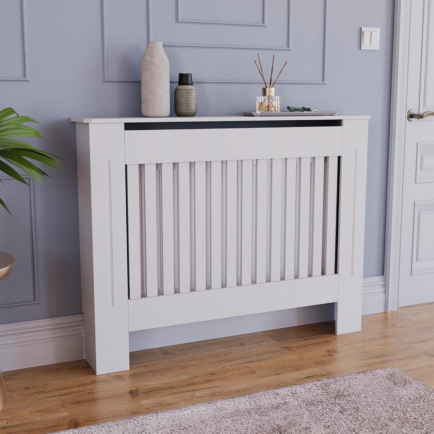 Medium White Radiator Cover Cabinet | Modern MDF Slatted Heater Cover with Shelf