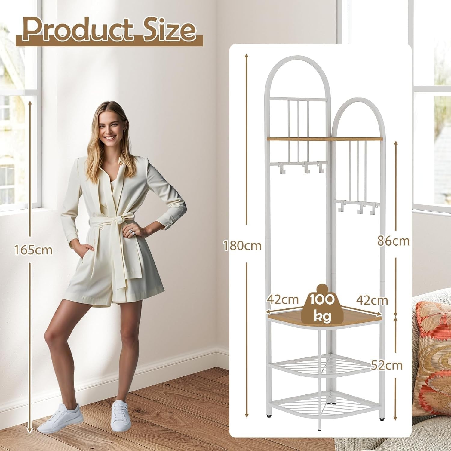 Natural White Corner Coat Rack 4-Tier Hall Tree with Shoe Bench & Hooks