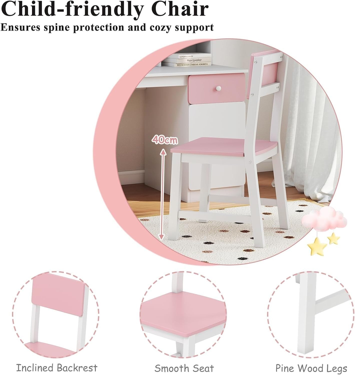 Kids Study Desk & Chair Set Wooden Children’s Table w/ Storage Shelf Pink White