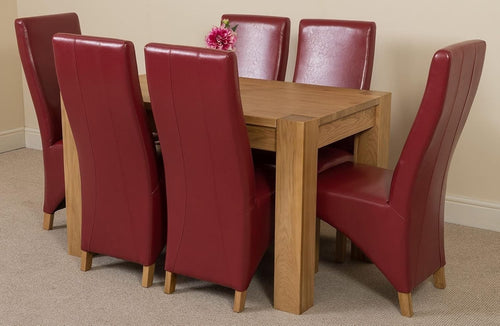 Solid Oak Dining Table & 6 Burgundy Chairs - Compact, Durable & Stylish Set