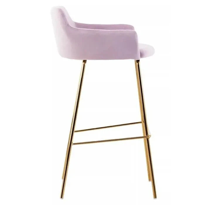Pink Velvet Bar Stool with Arms Gold Legs Modern Low Back Breakfast Chair