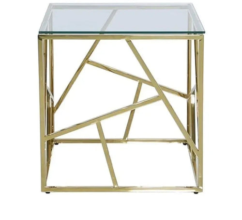 Modern Gold Glass End Table with Abstract Frame | Chic Side Accent Unit