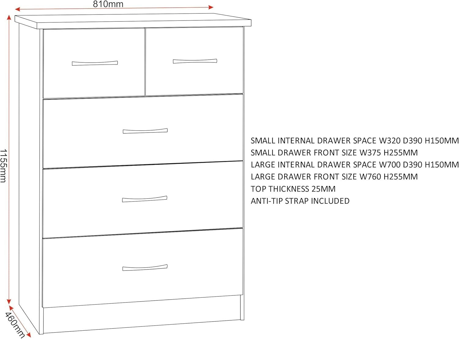 Tall Grey 5 Drawer Chest of Drawers 3D Effect Bedroom Storage Unit