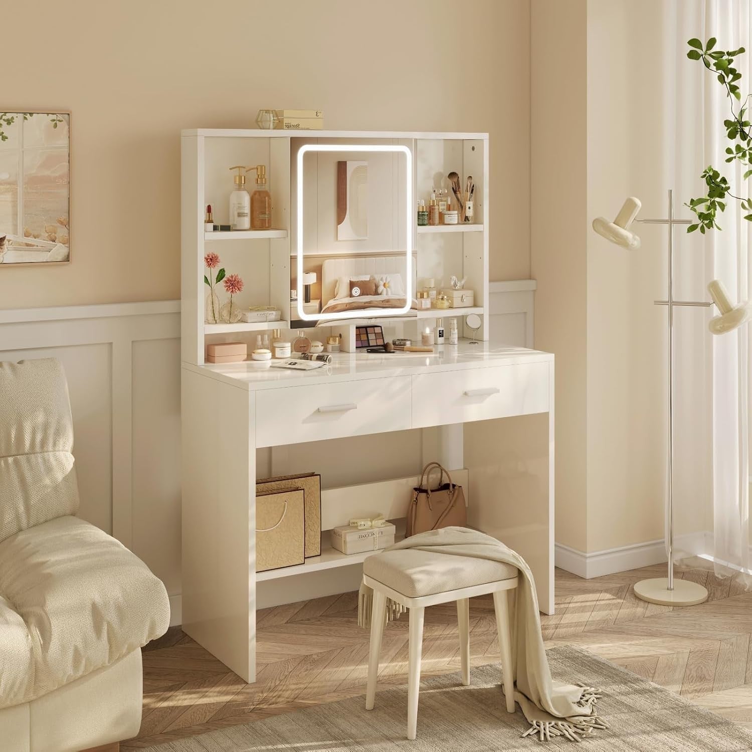 White Dressing Table Set with Lighted Mirror Desk Storage Drawers Modern Makeup