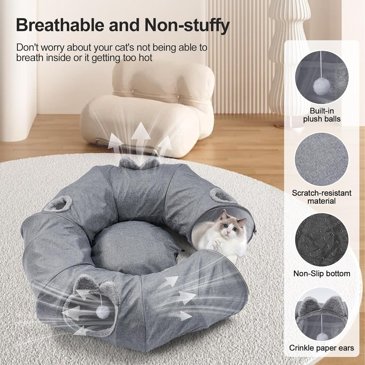 Large Cat Tunnel Bed Foldable Donut Play Tunnel w Washable Cushion