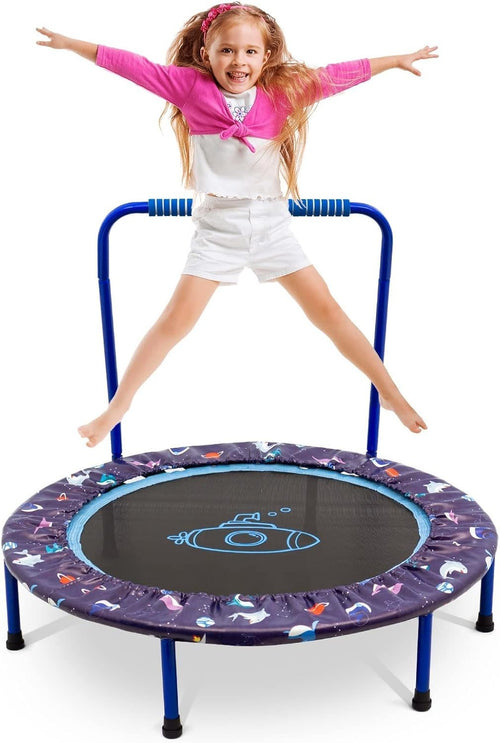 38in Kids Quiet Foldable Trampoline Adjustable Handle Indoor Outdoor